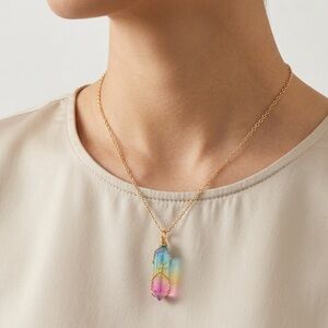 Iridescent Hexagon Crystal Pendant | Gold Wire Wrapped Necklace